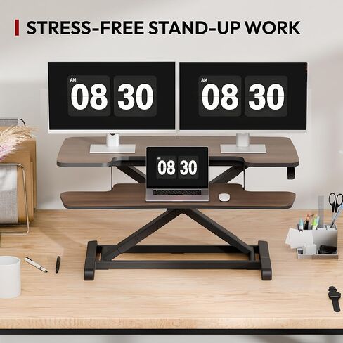 محول مكتب قائم مقاس 36 بوصة من SANODESK، رافعة رفع واقفة ميكانيكية ناعمة بدون مجهود للشاشات المزدوجة، محطة عمل شديدة التحمل مع صينية لوحة المفاتيح، خشب الجوز in Kuwait