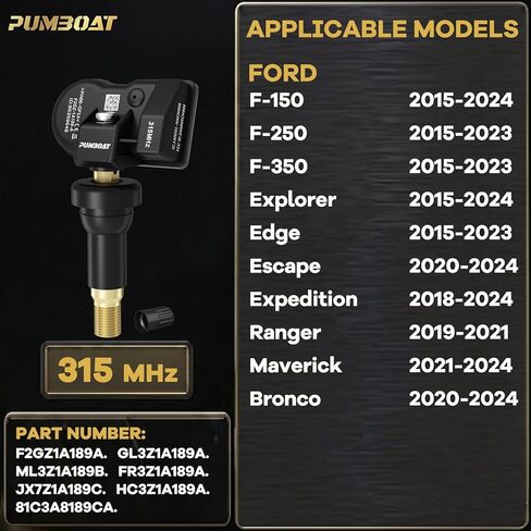 مستشعر الإطارات TPMS المبرمج مسبقًا، فورد ➥F-150(15-24)|F-250/350(15-23)|المستكشف (15-24)|الحافة (15-23)|الهروب (20-24)|البعثة (18-24)|الحارس (19-21)|مافريك (21-24)|برونكو (20-24)(4 قطع) 315 ميجاهرتز in Kuwait
