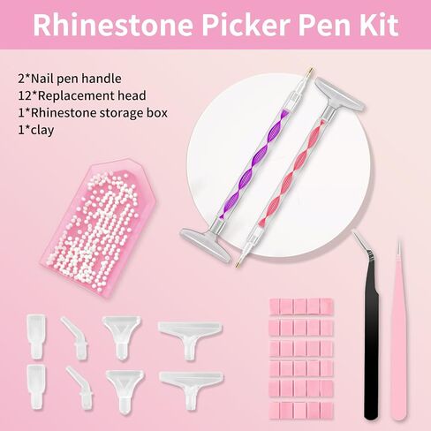Rhinestone Art Tools Includes 2 Dual-Ended Wax Pens with 12 Replacement Tips 2 Tweezers Handy Bedazzling Kit Tools for Nail Art Craft and Diamond Painting(Pink) in Saudi Arabia