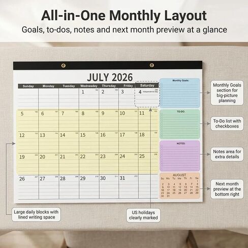 تقويم مكتب 2026-2027 - مخطط شهري عائلي لمدة 18 شهرًا (يوليو 2026 - ديسمبر 2027)، تقويم كبير مقاس 17 بوصة × 12 بوصة مع ورق سميك 120 جرام في المتر المربع، واقي فيلم PP مقاوم للماء لتنظيم المنزل والمطبخ in Kuwait
