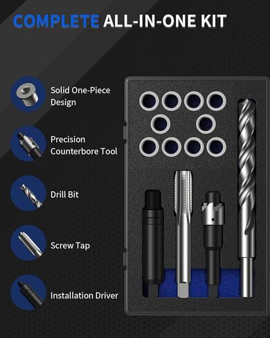 طقم إصلاح الخيوط المترية M12x1.25، مع مثقاب HSS، وصنبور HSS، وعداد، ومحرك التثبيت، M12x1.25MM 10 قطع 304 إدراجات من الفولاذ المقاوم للصدأ (طول 15 مم) in Kuwait