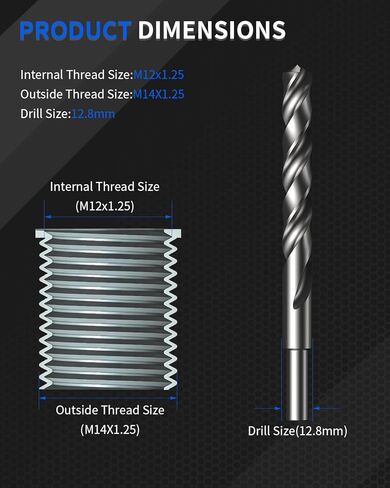 طقم إصلاح الخيوط المترية M12x1.25، مع مثقاب HSS، وصنبور HSS، وعداد، ومحرك التثبيت، M12x1.25MM 10 قطع 304 إدراجات من الفولاذ المقاوم للصدأ (طول 15 مم) in Kuwait