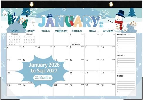 تقويم مكتب 2026، 21 شهرًا يمتد من يناير 2026 إلى سبتمبر 2027 حجم كبير 17 بوصة × 12 بوصة مخطط سطح المكتب لتقويم الحائط الشهري مع قائمة المهام للمكتب المدرسي في الفصل الدراسي المنزلي (احتفالي) in Kuwait