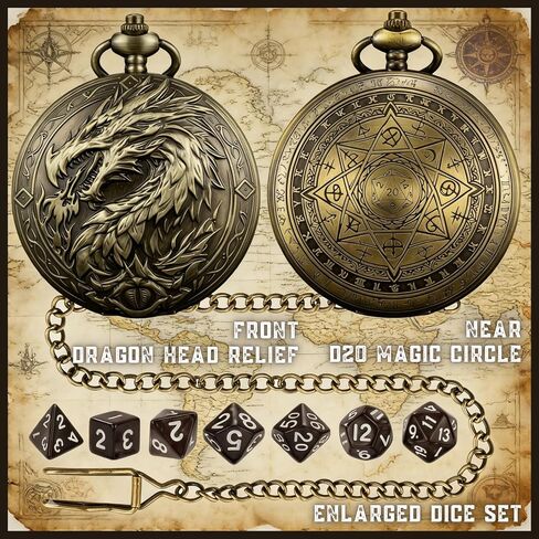 D&D Dice Set, 7PCS mini Dice with Pocket Watch Case, Easy-to-Read Colored Numbers, Dungeons and Dragons RPG Game Dice Set with Watch Shell, Dragon Design Bronze in Saudi Arabia
