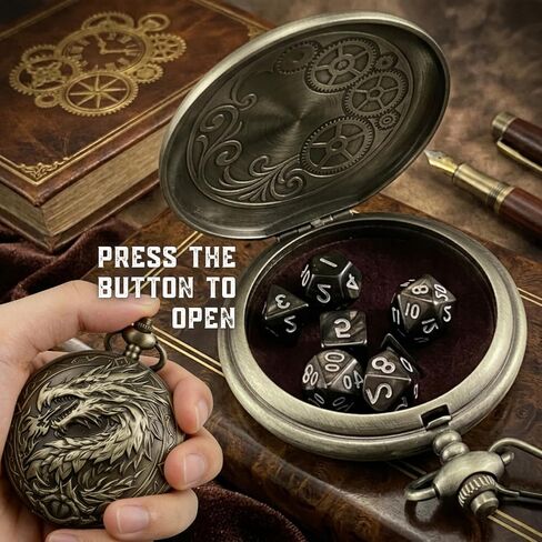 D&D Dice Set, 7PCS mini Dice with Pocket Watch Case, Easy-to-Read Colored Numbers, Dungeons and Dragons RPG Game Dice Set with Watch Shell, Dragon Design Bronze in Saudi Arabia