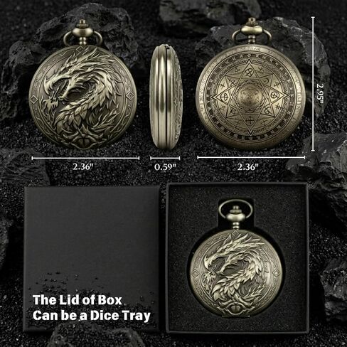 D&D Dice Set, 7PCS mini Dice with Pocket Watch Case, Easy-to-Read Colored Numbers, Dungeons and Dragons RPG Game Dice Set with Watch Shell, Dragon Design Bronze in Saudi Arabia