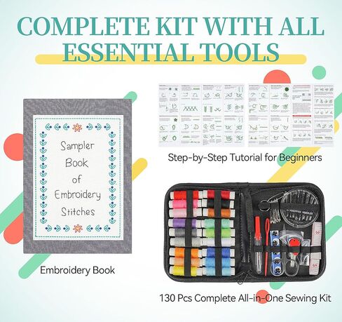 ilauke Upgraded Embroidery Stitch Book Loose-Leaf 7x8 inch, Embroidery Kit for Beginner Adults 106 Patterns, DIY Sewing Books Kit with Supplies & Tutorials, Easy to Practice in Saudi Arabia