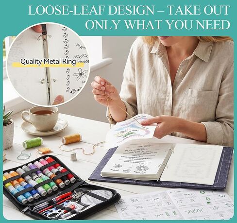 ilauke Upgraded Embroidery Stitch Book Loose-Leaf 7x8 inch, Embroidery Kit for Beginner Adults 106 Patterns, DIY Sewing Books Kit with Supplies & Tutorials, Easy to Practice in Saudi Arabia