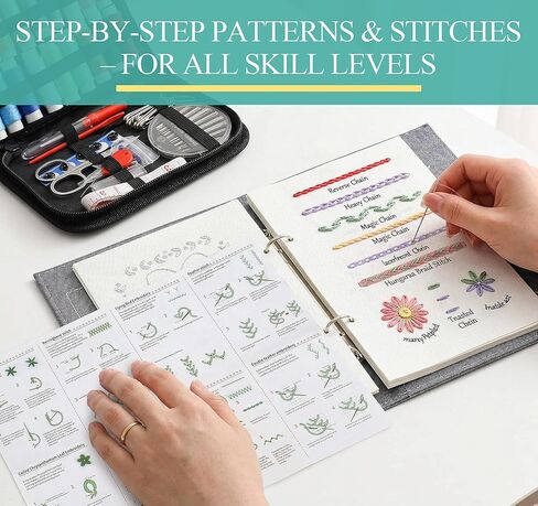 ilauke Upgraded Embroidery Stitch Book Loose-Leaf 7x8 inch, Embroidery Kit for Beginner Adults 106 Patterns, DIY Sewing Books Kit with Supplies & Tutorials, Easy to Practice in Saudi Arabia