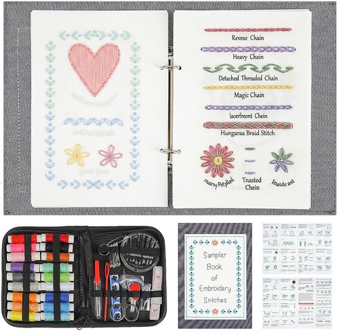 ilauke Upgraded Embroidery Stitch Book Loose-Leaf 7x8 inch, Embroidery Kit for Beginner Adults 106 Patterns, DIY Sewing Books Kit with Supplies & Tutorials, Easy to Practice in Saudi Arabia