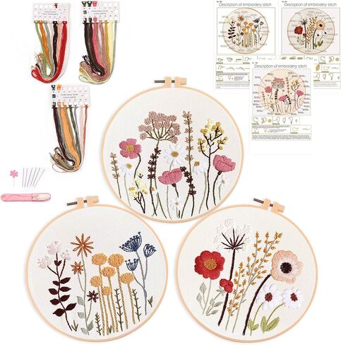 Harimau 3 Pack Embroidery Kit for Beginners , Floral Plant Pattern,Cross Stitch Kits Set , Including Stamped Embroidery Cloth with 3 Embroidery Hoops, Color Threads and Tools (Flower) in Saudi Arabia