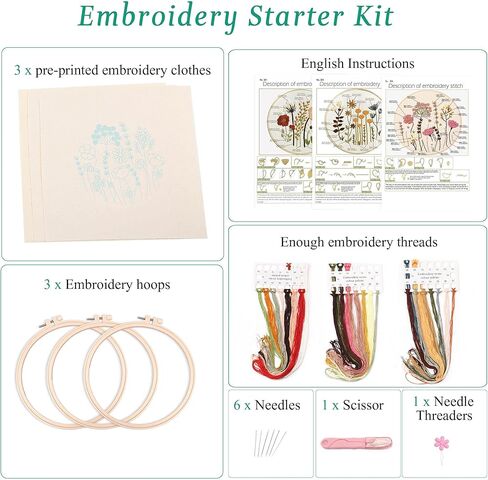 Harimau 3 Pack Embroidery Kit for Beginners , Floral Plant Pattern,Cross Stitch Kits Set , Including Stamped Embroidery Cloth with 3 Embroidery Hoops, Color Threads and Tools (Flower) in Saudi Arabia
