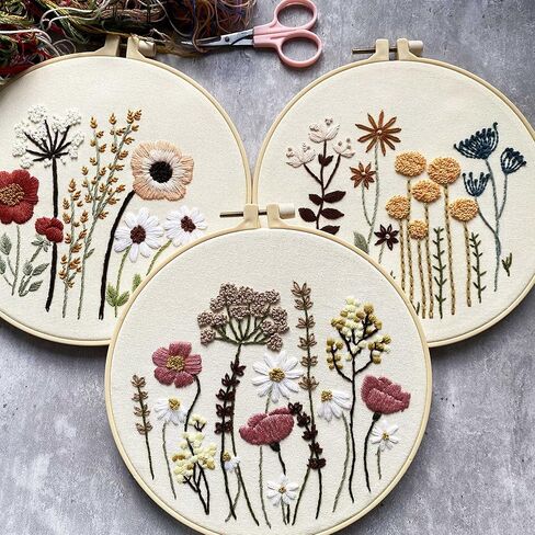 Harimau 3 Pack Embroidery Kit for Beginners , Floral Plant Pattern,Cross Stitch Kits Set , Including Stamped Embroidery Cloth with 3 Embroidery Hoops, Color Threads and Tools (Flower) in Saudi Arabia