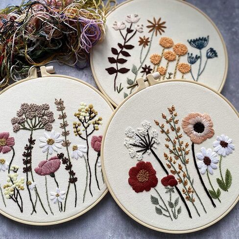 Harimau 3 Pack Embroidery Kit for Beginners , Floral Plant Pattern,Cross Stitch Kits Set , Including Stamped Embroidery Cloth with 3 Embroidery Hoops, Color Threads and Tools (Flower) in Saudi Arabia