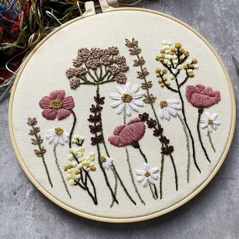 Harimau 3 Pack Embroidery Kit for Beginners , Floral Plant Pattern,Cross Stitch Kits Set , Including Stamped Embroidery Cloth with 3 Embroidery Hoops, Color Threads and Tools (Flower) in Saudi Arabia