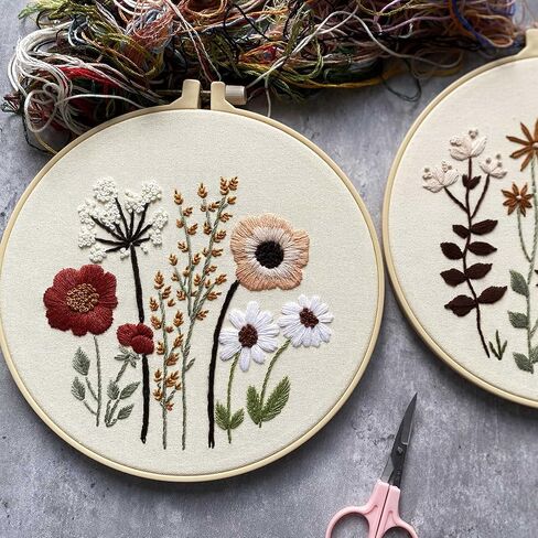Harimau 3 Pack Embroidery Kit for Beginners , Floral Plant Pattern,Cross Stitch Kits Set , Including Stamped Embroidery Cloth with 3 Embroidery Hoops, Color Threads and Tools (Flower) in Saudi Arabia