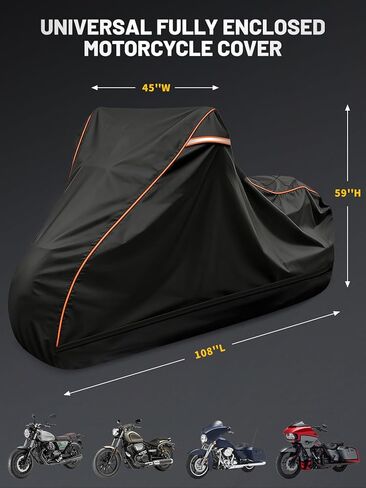 COVERVIN Full Enclosed Motorcycle Cover, 600D Heavy Duty Waterproof Motorcycle Cover, Outdoor UV Protection with Reflective Strips, Fits 108" Harley Honda Yamaha Suzuki, Cruiser, Touring Black in Saudi Arabia