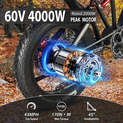 Tuttio-ICT-Electric-Bike for Adults-Teens Age 16+,4000W Peak 60V-25AH Electric-Dirt-Bike, 43-50MPH, 20" Fat-Tire-Electric-Motorcycle, Full Suspension E-Bike for Mountain Off-Road Snow in Saudi Arabia