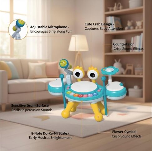 Kids Drum Set for Toddlers 1-3, Baby Drum Set Musical Toys with Light Up Microphone & 2 Sticks, Musical Instruments Montessori Learning Toys for 1 Year Old, Birthday Gift for Boys Girls in Saudi Arabia