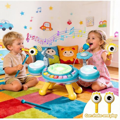 Kids Drum Set for Toddlers 1-3, Baby Drum Set Musical Toys with Light Up Microphone & 2 Sticks, Musical Instruments Montessori Learning Toys for 1 Year Old, Birthday Gift for Boys Girls in Saudi Arabia
