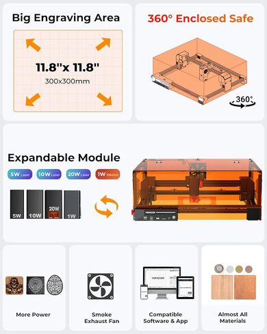 Laser Cutter and Engraver Machine, 20W Woxcker L2 MAX 0.01 High Precision 300x300mm Bed Size Laser Engraving Machine for Wood Metal Glass Leather Acrylic Class 1 laser Output: 20000 mW in Saudi Arabia