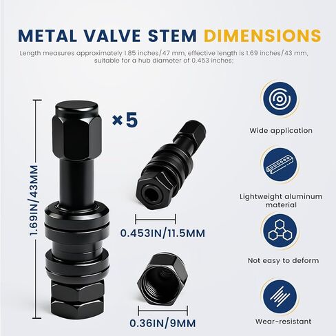 5 Pcs VS43/TR43E Tubeless Metal Clamp-in Valve Stems, Black Finish in Kuwait
