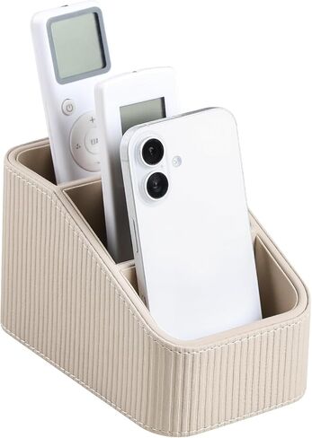 Remote Control Holder, PU Leather Nightstand Organizer Bedside Caddy with 3 Compartments, Small Desk Organizer for Remote/Pen/Glasses/Phone (Beige) in Saudi Arabia