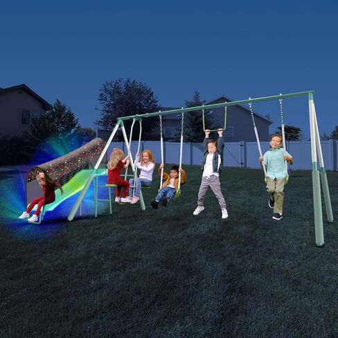 Sportspower Arcadia Light Zone Metal Swing Set for Kids, Outdoor Playset with LED Light-Up 5ft Slide, Slide Tunnel, Swings & Trapeze, 6ft Heavy-Duty Steel Frame, 600lbs Capacity in Kuwait