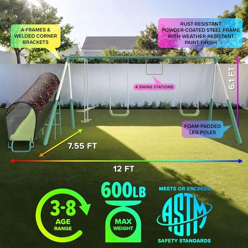 Sportspower Arcadia Light Zone Metal Swing Set for Kids, Outdoor Playset with LED Light-Up 5ft Slide, Slide Tunnel, Swings & Trapeze, 6ft Heavy-Duty Steel Frame, 600lbs Capacity in Kuwait