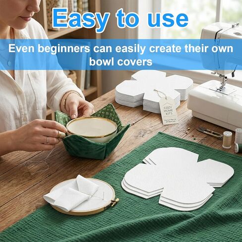 10 Pcs Bowl Cozy Batting Pre Cut, 10 x 10 Inch Bowl Cozy Pattern Template, Heat Resistant Soft Cotton Quilt Batting for Sewing DIY, Microwave Safe in Kuwait