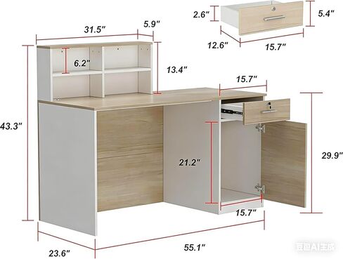 مكتب استقبال WOODTIME مقاس 55 بوصة مع درج قابل للقفل، وباب وأرفف مفتوحة، وطاولة أمامية حديثة لمكتب الاستقبال للخروج، والمتجر، والصالون، باللون الأبيض والطبيعي in Kuwait