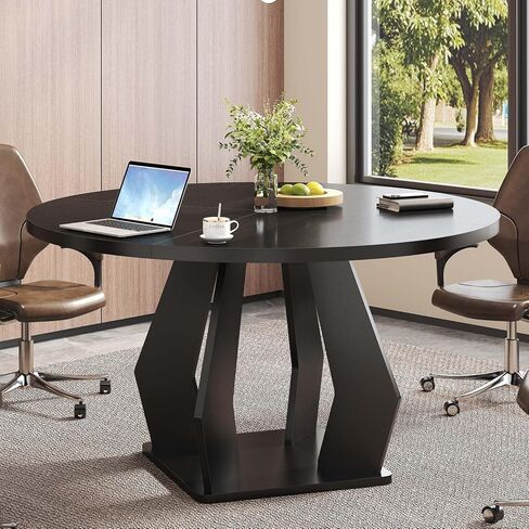 IBF Round Conference Table for 4-6 People, Round Meeting Table with Thicken Tabletop and Wood Base for Office, Conference Room, Black, 47inch in Saudi Arabia