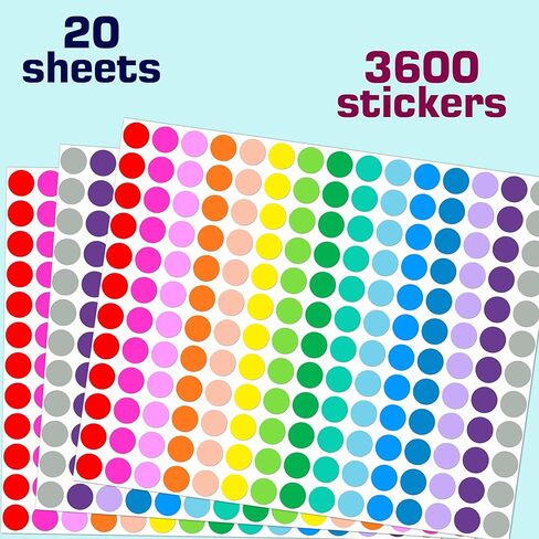 Colored Dot Stickers, 3600 PCS Round Circle Labels, 1/2 Inch, 15 Colors, for Office and Classroom Organization in Saudi Arabia