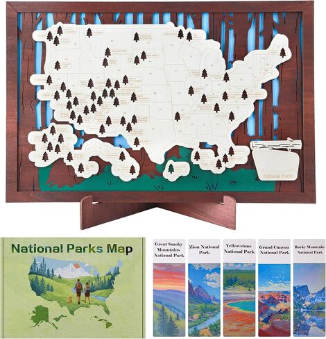 Wooden US National Parks Map Travel Tracker – 3-Layer Framed Wall Art with 70 Tree Pins, Stand, Marker & Gift Box – National Park Checklist Map, Holiday and Educational Geography Gift for Adventurers, Families & Outdoor Lovers, Perfect for RV, Home & Holi in Saudi Arabia