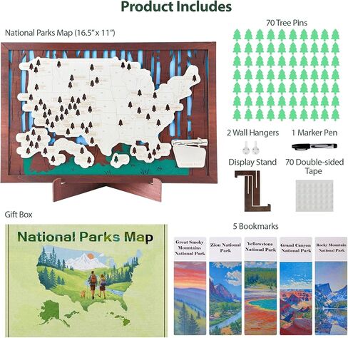 Wooden US National Parks Map Travel Tracker – 3-Layer Framed Wall Art with 70 Tree Pins, Stand, Marker & Gift Box – National Park Checklist Map, Holiday and Educational Geography Gift for Adventurers, Families & Outdoor Lovers, Perfect for RV, Home & Holi in Saudi Arabia