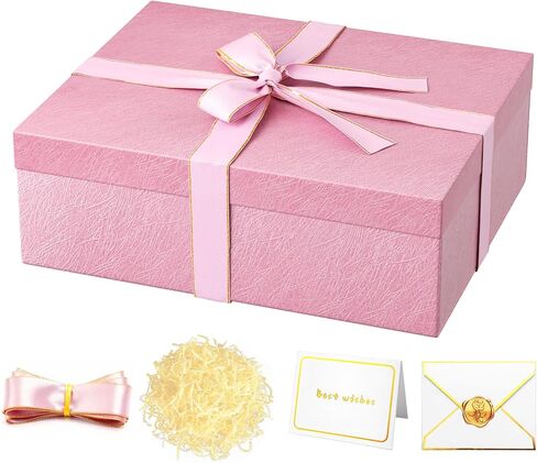 JOYIT Pink Gift Box 16.5''x13''x5.5'' - Large Gift Boxes with Lid for Presents Packaging, Birthday, Christmas, Wedding, Anniversary, Big Gift Box with Ribbon, Shred Filler, Card, Wax Seal (Pink) in Saudi Arabia