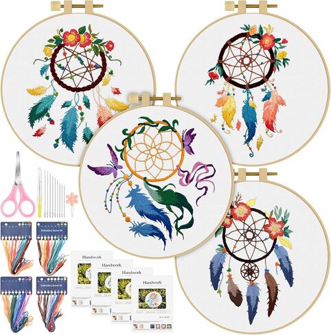 ERKOON 4 Set Embroidery Kit for Beginners, Cross Stitch Set Include Embroidery Cloth Hoops Threads for Craft Lover Hand Stitch with Embroidery Skill Techniques (Daisy) in Kuwait