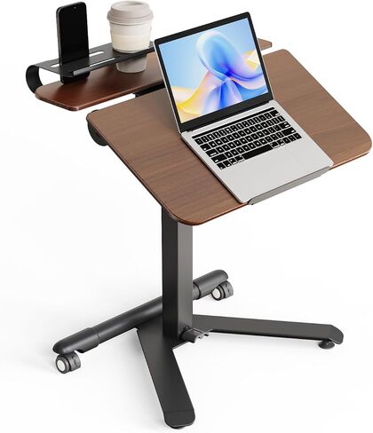 ROMOON Rolling Standing Desk with Wheels, Portable 24 inch Sit-Stand Laptop Cart with Tilt Top and Storage, Mobile Compact Workstation for Home Office and Small Spaces (Walnut) in Saudi Arabia