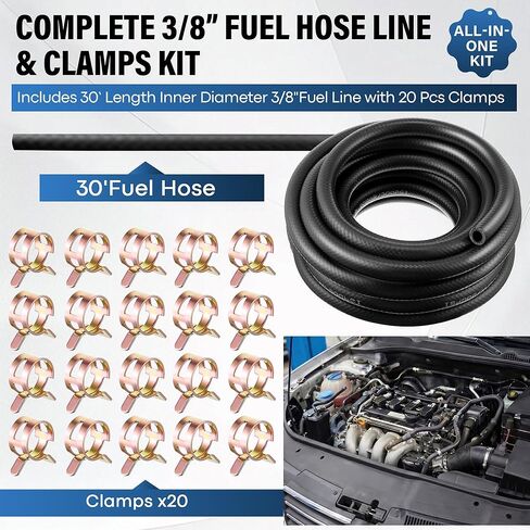 Meonum 3/8 خرطوم خط الوقود 30FT، 3/8 بوصة ID NBR خرطوم الوقود المطاطي 300PSI خط الوقود عالي الضغط - يتضمن 20 مشبكًا لمحركات السيارات، وحقن الوقود، وخراطيم PCV، واستبدال خطوط الفراغ in Kuwait