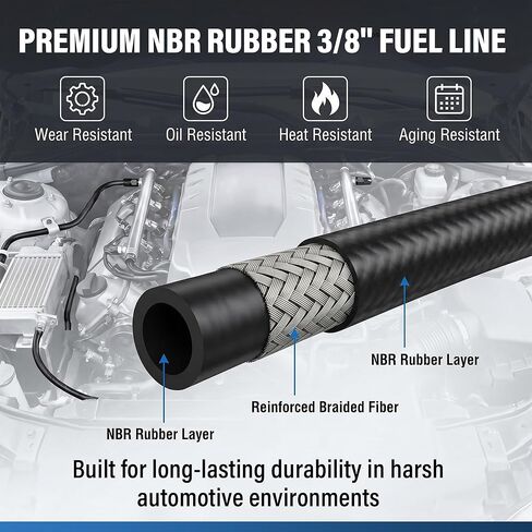 Meonum 3/8 خرطوم خط الوقود 30FT، 3/8 بوصة ID NBR خرطوم الوقود المطاطي 300PSI خط الوقود عالي الضغط - يتضمن 20 مشبكًا لمحركات السيارات، وحقن الوقود، وخراطيم PCV، واستبدال خطوط الفراغ in Kuwait