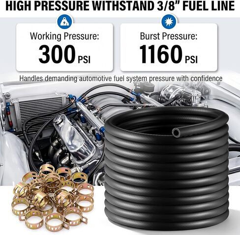 Meonum 3/8 خرطوم خط الوقود 30FT، 3/8 بوصة ID NBR خرطوم الوقود المطاطي 300PSI خط الوقود عالي الضغط - يتضمن 20 مشبكًا لمحركات السيارات، وحقن الوقود، وخراطيم PCV، واستبدال خطوط الفراغ in Kuwait