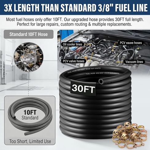 Meonum 3/8 خرطوم خط الوقود 30FT، 3/8 بوصة ID NBR خرطوم الوقود المطاطي 300PSI خط الوقود عالي الضغط - يتضمن 20 مشبكًا لمحركات السيارات، وحقن الوقود، وخراطيم PCV، واستبدال خطوط الفراغ in Kuwait