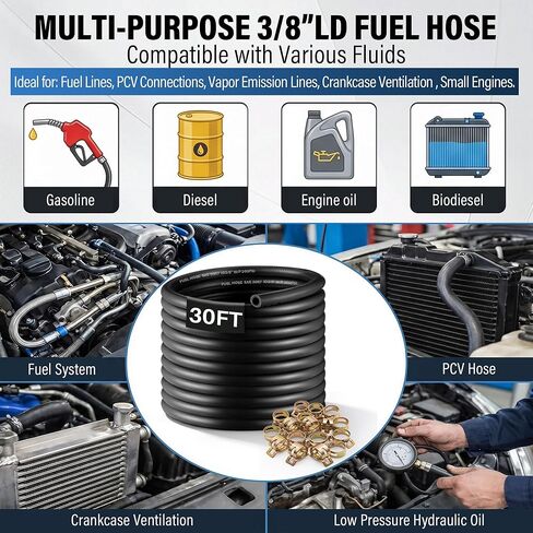 Meonum 3/8 خرطوم خط الوقود 30FT، 3/8 بوصة ID NBR خرطوم الوقود المطاطي 300PSI خط الوقود عالي الضغط - يتضمن 20 مشبكًا لمحركات السيارات، وحقن الوقود، وخراطيم PCV، واستبدال خطوط الفراغ in Kuwait