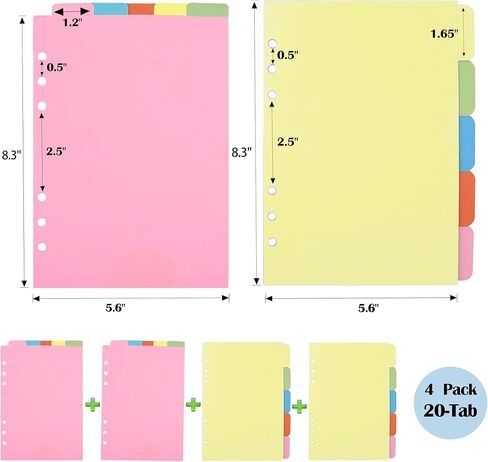 A5 Binder Dividers 4-Pack: 2 Vertical & 2 Horizontal Tab Sets, Durable Paper Dividers for 6-Ring Planners, 5-Tab Each (5.6" × 8.3") (Multicolored) in Saudi Arabia