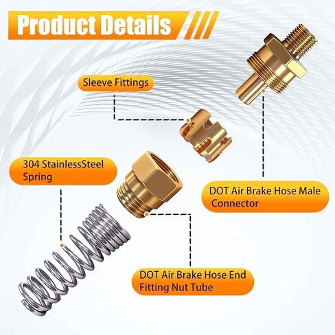 طقم تركيبات نهاية خرطوم فرامل الهواء من النحاس DOT، خرطوم 3/8 بوصة × موصل ذكر 3/8 بوصة مع واقي زنبركي، موصل دفع قابل لإعادة الاستخدام لنظام فرامل الهواء لمقطورة نصف شاحنة - مجموعتان كاملتان in Kuwait