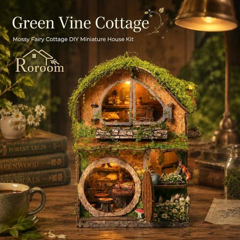 Roroom 3D Puzzles for Adults, Forest Fairy-Tale Cottage Book Nook Kit with LED Lights, Wooden DIY Miniature House Kit Bookends for Bookshelf Decor for Adults & Teens(Green Vine Cottage) in Saudi Arabia