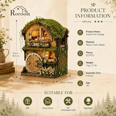 Roroom 3D Puzzles for Adults, Forest Fairy-Tale Cottage Book Nook Kit with LED Lights, Wooden DIY Miniature House Kit Bookends for Bookshelf Decor for Adults & Teens(Green Vine Cottage) in Saudi Arabia