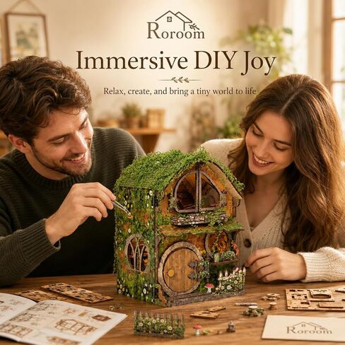 Roroom 3D Puzzles for Adults, Forest Fairy-Tale Cottage Book Nook Kit with LED Lights, Wooden DIY Miniature House Kit Bookends for Bookshelf Decor for Adults & Teens(Green Vine Cottage) in Saudi Arabia