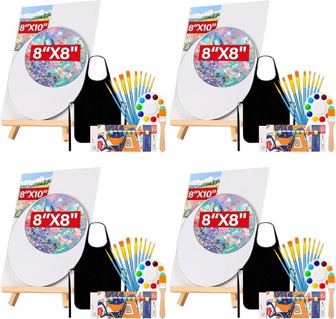 4 Pack Canvas and Easel Set, 8x10 Inch Square& Circular Canvas with Easel Stands, 12 Colors Acrylic Paints, Small Paint Brushes Paint Party Supplies, Sip and Paint Kit for Adults Date Night Couples in Kuwait