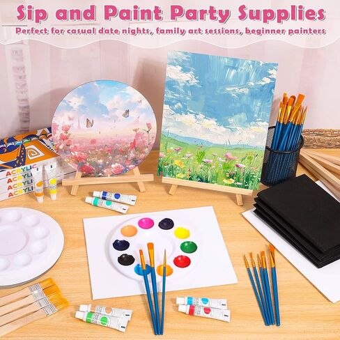 4 Pack Canvas and Easel Set, 8x10 Inch Square& Circular Canvas with Easel Stands, 12 Colors Acrylic Paints, Small Paint Brushes Paint Party Supplies, Sip and Paint Kit for Adults Date Night Couples in Kuwait